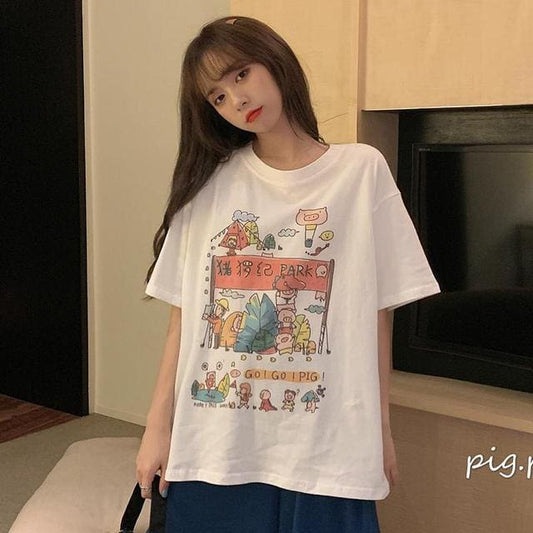 Cartoon Print Loose Cotton T-shirt