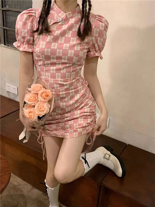 Sweet Style Checkered Bun Cheongsam Dress