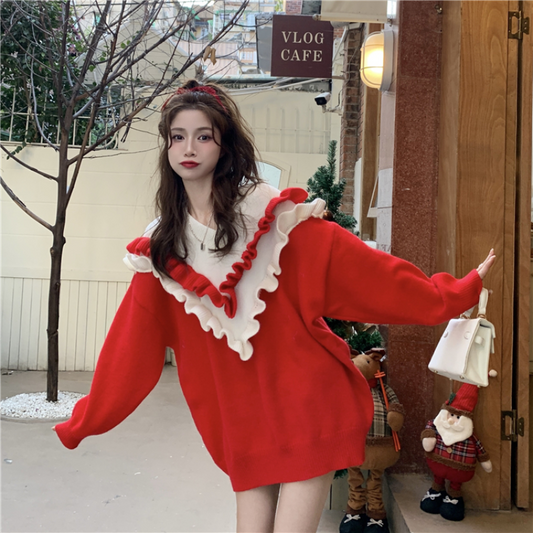 Cute Double Color Ruffled Sweater