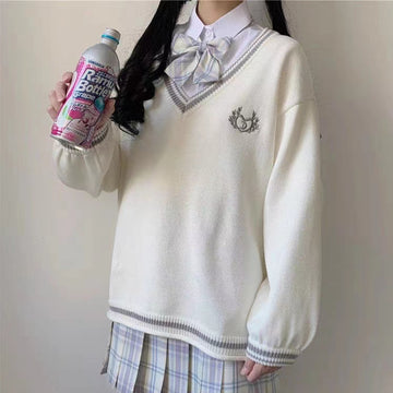 Japanese White V-neck School Uniform Sweater