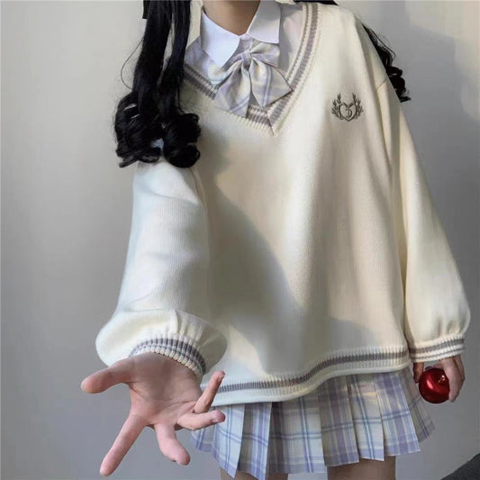 Japanese White V-neck School Uniform Sweater