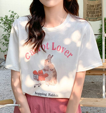 Kawaii Pink Cartoon Rabbit Print T-Shirt