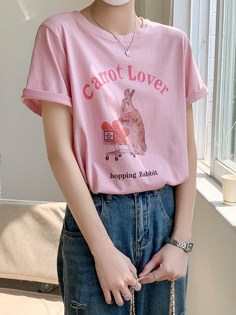 Kawaii Pink Cartoon Rabbit Print T-Shirt