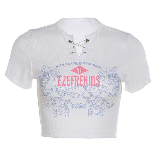 Rose Letters Print V-neck Short T-shirt